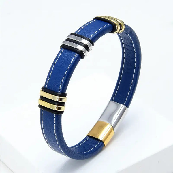 Bracelet Homme acier et cuir bleu marine 